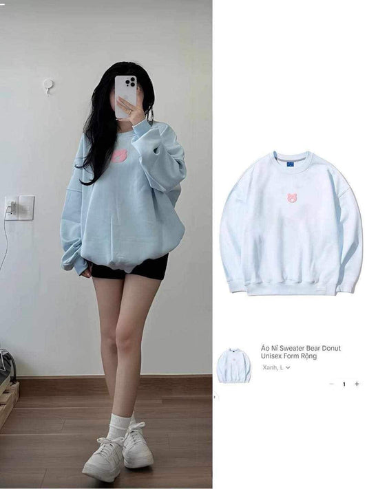 Sweater nỉ bông xanh gấu hồng